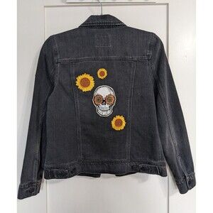 Embroidered Patch Denim Jacket Women’s Size S Old Navy Black Skull Pisces Custom